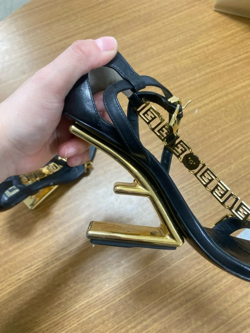 Fendi First Fendace  Black Leather T-Strap Heels with Gold Medusa Chain